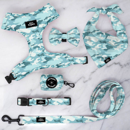 BLUE CAMO DOG HARNESS AND LEAD SET